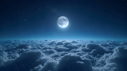 Naklejka na ściany i meble Beautiful realistic flight over cumulus lush clouds in the night moonlight. above clouds full moon illustration, full moon shines brightly on a deep starry night. Cinematic scene. 3d illustration