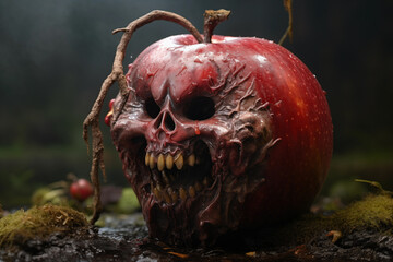 Scary rotten monster apple with sharp teeth in forest. Generative AI