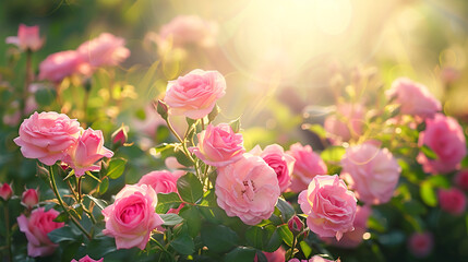 
Beautiful pink roses blooming in the garden with sunny day,natural floral and bokeh background.Happy Rose Day Concept.