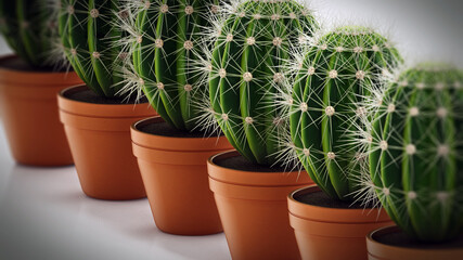 Group of cacti in flower pots isolated on white background. 3D illustration