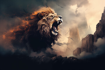 Burning large majestic lion in wild nature. Generative AI