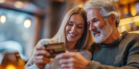 Obraz premium Close-up as a smiling couple effortlessly uses an artificial intelligence-enhanced bank credit or debit card, symbolizing the seamless integration of advanced technology.