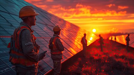 A photorealistic image of an engineer in silhouette, servicing solar cells on a factory roof at sunrise. The early morning light casting long shadows