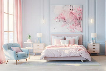 Pastel colored bedroom featuring soft blues and pink