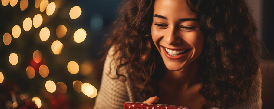 Happy And Surprised Boy While Opening Christmas Present With Amazing Background. Christmas Time Concept.