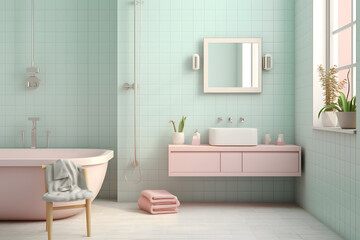 Fototapeta na wymiar Pastel themed bathroom with mint green tiles blush pink
