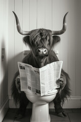 highland cow sitting on the toilet reading a newspaper - obrazy, fototapety, plakaty