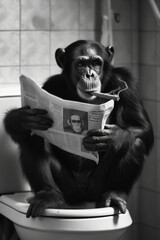 front view of monkey sitting on the toilet reading a newspaper and smoking a cigar