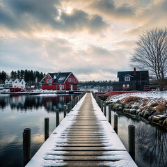 sunset over the lake in Northern Europe - Houses on a lake - obrazy, fototapety, plakaty
