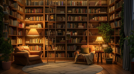 cozy library zoom background with bookshelves and warm lighting