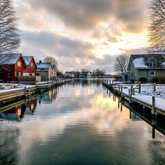 sunset over the lake in Northern Europe - Houses on a lake