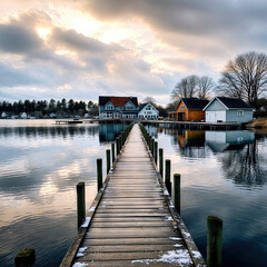 sunset over the lake in Northern Europe - Houses on a lake - obrazy, fototapety, plakaty
