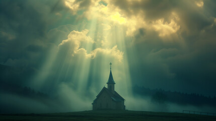 Light breaking through clouds over a chapel, symbolizing divine presence and enlightenment in Christian spirituality. --ar 16:9 --v 6.0