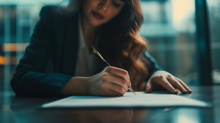 businesswoman confidently signing a contract with a fountain pen, symbolizing success and professionalism in commercial transactions