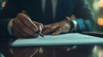 businessman confidently signing a contract with a fountain pen - obrazy, fototapety, plakaty