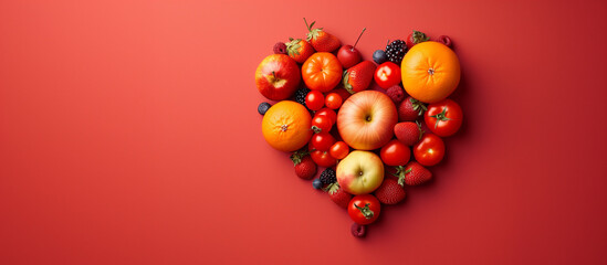 Top down photograph of a heart formed with Fruits