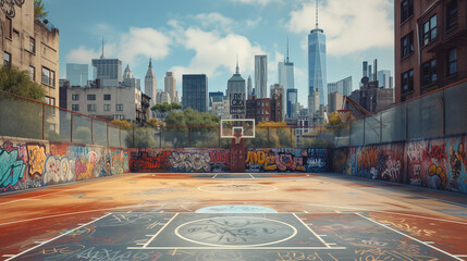Naklejka premium Urban street basketball court with graffiti art and a city skyline