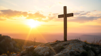Wooden cross on a hill at sunset, evoking a sense of reflection and devotion in Christian spiritual practices. 