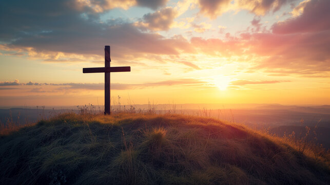 Wooden cross on a hill at sunset, evoking a sense of reflection and devotion in Christian spiritual practices