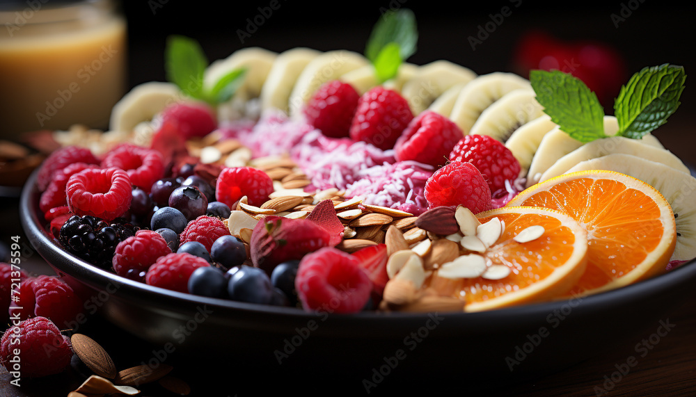 Wall mural fresh fruit salad with yogurt, granola, and mint leaf garnish generated by ai