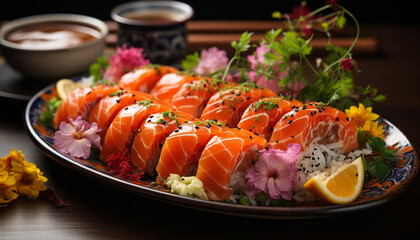Freshness on plate seafood, sashimi, maki sushi, nigiri, avocado generated by AI