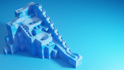 Blue color rolling ball sculpture on plain empty background. Plastic marble run toy. 3D rendering