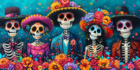 A vibrant and colorful cartoon-style street festival celebrating the Day of the Dead with macabre and surreal elements.
