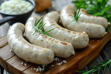 Bavarian white sausage breakfast as closeup on a wooden table - obrazy, fototapety, plakaty