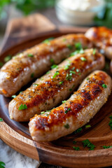 Bavarian white sausage breakfast as closeup on a wooden table