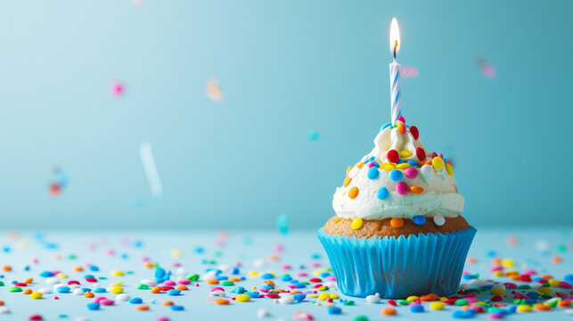 birthday cake, cupcake with candles and confetti blue background with writing space