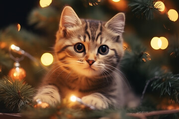 A small curious red kitten plays on the top of the Christmas tree. A small kitten among the branches of a festive Christmas tree. New Year's celebration. Funny Christmas pets. Pets during the holidays