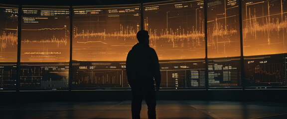 A silhouette of a person standing in front of a giant digital screen with a flow of data showing various cyber threats and vulnerabilities