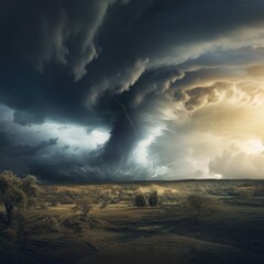 Naklejka na ściany i meble Destructive tornado vortex at open landscape with cloudy sky