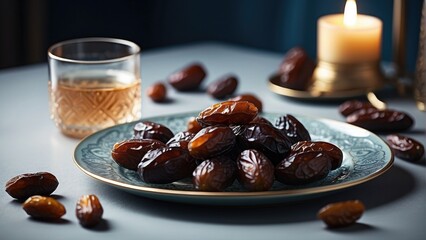 dried dates fruit and nuts with a glass of water - obrazy, fototapety, plakaty