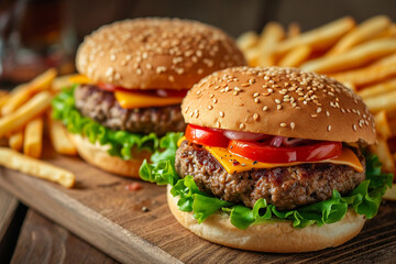 Two delicious homemade hamburgers made of beef, cheese and vegetables on an old wooden table. French fries. Elevated view of a mouth-watering hamburger with chips. Fatty junk food. Сopy space