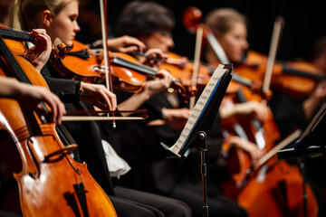Symphony orchestra on stage, violins, cello and flute performing - obrazy, fototapety, plakaty