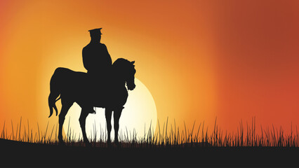 Obraz na płótnie Canvas A striking silhouette of Atatürk on horseback set against the backdrop of a dramatic sunset, representing the enduring legacy of Turkey's founding father during national celebrations.