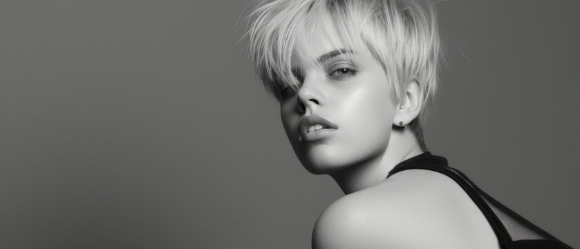 Monochromatic allure: a model with edgy platinum pixie cut exudes modern chic against a gradient gray background