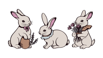 Set of Easter rabbits with Easter egg and flower bouquet. Vector illustration collection.
