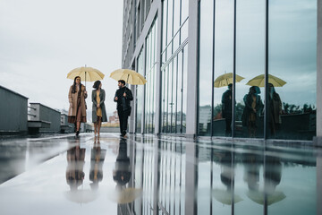 A group of three friends is seen enjoying a conversation while walking with yellow umbrellas.