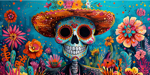Day of the Dead street festival with vibrant colors and surreal atmosphere in cartoon style.