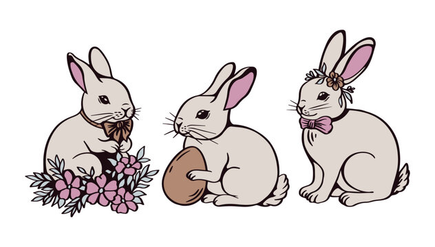 Set of Easter rabbits with Easter egg and flower bouquet. Vector illustration collection.