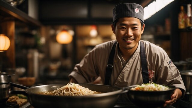 Close-up high-resolution image of a proud ramen chef making his signature dish.