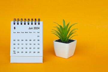 June 2024 desk calendar with potted plant on yellow background.