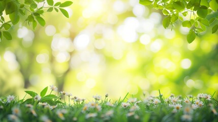 Fototapeta na wymiar Spring Awakening: Fresh Green Leaves and Blossoms with Radiant Bokeh Light Background