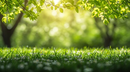 Spring Awakening: Fresh Green Leaves and Blossoms with Radiant Bokeh Light Background