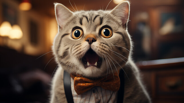 Funny Shocked Scared Gray Cat with Bow Tie with its Mouth Open
