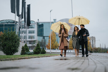 Group of friends walking with yellow umbrellas on a rainy city day.