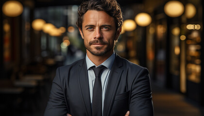 Confident businessman in suit looking at camera, outdoors, success generated by AI