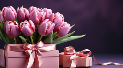 Bouquet of Pink Tulips And Gift Box Background Copy Space